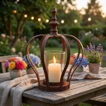 Product Lantern Crown Brown Rust With Candle Glass Ø14cm H18cm