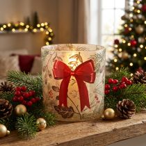 Product Glass Candle Holder with Red Bow and Winter Branches, 15cm