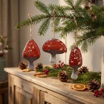 Product Red Mushroom Ornaments with Jute String – 3 cm – Set of 6