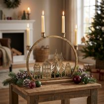 Product Candle holder Christmas row of houses antique gold 36×32cm