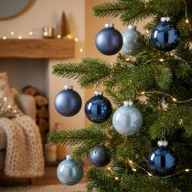 Product Glass Christmas tree baubles, set of 3 – light blue, blue, metallic blue &amp; matte, with hanger, 6cm, 24 pieces