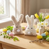 Product Decorative Easter bunny made of plush – fluffy Easter decoration in beige &amp; white on wooden base H18cm 2 pcs