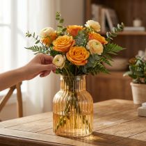Product Glass Flower Vase in Retro Design, Orange Ribbed, Ø13.5cm, H20cm