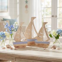Product Sailboat Centrepiece and Shelf decor Natural Wood Light Blue 25.5×16.5cm 3 pcs