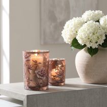 Product Glass lantern brown silver pink peonies H18cm