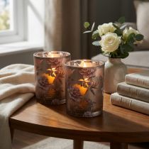 Product Decorative glass lantern peonies silver brown H12.5cm 2 pcs