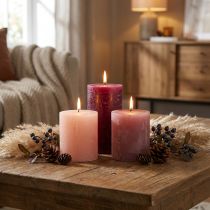 Product Set of 12 pillar candles, solid color, berry color scheme, decorative candles for home decor, 70×80mm
