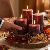 Product Burgundy colored pillar candles, 70x80mm, 4-pack, for elegant decoration and long burning time