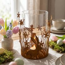 Product Lantern with rabbits, spring decoration, metal decoration with flowers, Easter patina Ø11.5cm H18cm