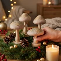 Product Wooden and Felt Mushroom Decorations with Glitter, H11cm, Set of 4