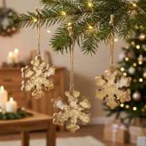 Product Snowflake mango wood natural, golden snow crystal Ø10cm 6pcs