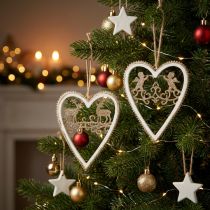 Product Hanging Heart Decorations with Gold Glitter Intarsia, Wood and Plastic, White and Golden, Ø9.2cm H12cm, Set of 4