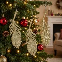 Product Decorative feathers, tree decorations with glitter, advent decorations, feathers for hanging golden L22cm 12pcs