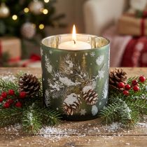 Product Glass Candle Holder with Pinecone and Snowflake Design, 15cm