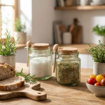 Product Decorative glass with cork lid and spoon, green, Ø7cm, H10cm, 2 pieces