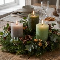 Product Pillar candle set, 3 shades of green, dyed throughout, decorative candles for table decoration and wellness, 70x80mm, 12 pieces