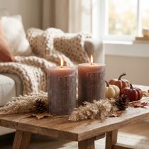 Product Solid-colored brown pillar candles, 85x120mm, set of 2, long-burning, decorative