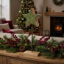 Product Decorative star wood on stick base green brown 20x9.5x50cm