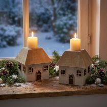 Product Christmas candle holder, wooden house, grey, 9×9×11cm, 2 pieces
