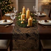 Product Organza table runner black-gold – elegant decorative fabric roll with leaf pattern 48 x 450cm