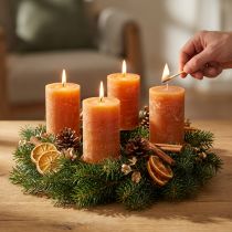Product Pillar candles, dark orange, solid color, Sunset design, 60x100mm, 4 pieces, rustic, summer, autumn, Advent