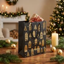 Product Christmas bag black/gold fir houses 18x10x23cm 2pcs