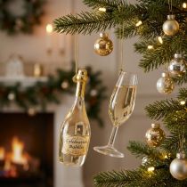 Product Sparkling Wine Bottle and Glass Ornament Set, Glass, 14cm, Gold Accents, Festive Decor