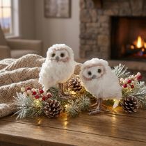 Product Set of 2 White Decorative Owl Figurines, 15cm, Artificial Fur, Winter Décor