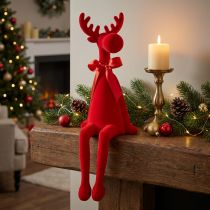 Product Red Flocked Sitting Reindeer Figurine with Bow – 54cm