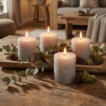Product Solid-color candles, light grey, pillar candles 70×80mm, 4 pieces, rustic decoration for home &amp; garden