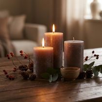 Product Large brown pillar candles 70×120mm 4-pack – Elegant cylinder candles in smoky brown, dyed throughout for decoration and coziness
