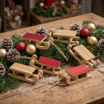 Product Wooden sleigh miniature, red-natural, 4x8.5 cm, set of 6 - Christmas decoration