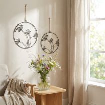 Product Decorative metal ring, black, hanging decoration, flowers, Ø23cm, set of 2, summer wall decoration