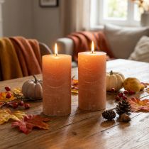 Product Solid-color pillar candles, orange peach, 85×150mm, set of 2, long burning time, decorative candles