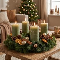 Product Solid-colored olive green pillar candles, 85x120mm, 2 pieces, for Advent wreaths and table decorations