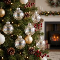 Product Glass Christmas bauble – pearlescent clear with iridescent effect &amp; metal hanger 5cm 24pcs
