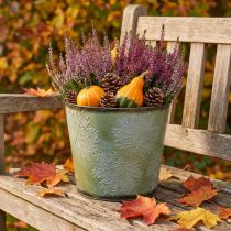 Product Planter, metal pot with maple leaves, autumn decoration green Ø25.5cm H22cm