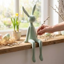 Product Easter bunny shelf sitter, sitting rabbit, flocked, grey-green, 56cm
