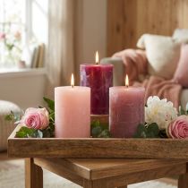 Product Pillar candle set, pink &amp; berry colors, 70x100mm, long burning time, pack of 12, ideal for decoration &amp; gift
