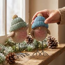 Product Decoration Bird with Hat Winter Decoration Blue Green H18cm 2 Pcs