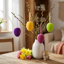 Product Decorative Easter eggs for hanging, colorful flocked, H8cm, 8 pieces