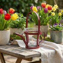 Product Lantern glass decoration watering can metal red Ø14cm H13cm