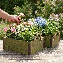 Product Vintage flower box wooden planter green L24/30cm set of 2