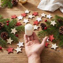 Product Scatter decoration wooden stars natural, red, white 3cm mix 72 pcs