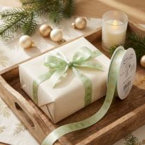 Product Mint Green Ribbon with Gold Bow Pattern on Roll 15mm x 18m for Decorative Use
