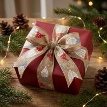 Product Decorative Ribbon with Christmas Gnomes on Jute-Style Fabric 60mm x 10m