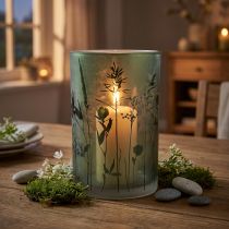 Product Lantern made of white glass with green meadow motif H18cm
