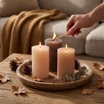 Product Decorative pillar candles, 3-color mix of brown tones, solid color, 70x120mm, set of 12 for ambiance & home