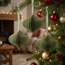 Product Vintage Christmas ornaments, green and gold paper, Ø8cm, set of 4