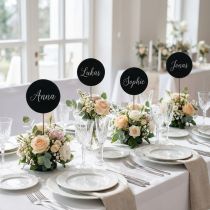 Product Mini Decorative Chalkboard Flower Picks, Wooden, Round, Black, Ø7.5cm, 12 Pieces, Chalkboard Decoration, Lettering Decoration, Flower Decoration